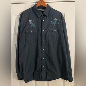 Howler Brothers Navy Button-Up Shirt Jacket with Embroidered Jellyfish
